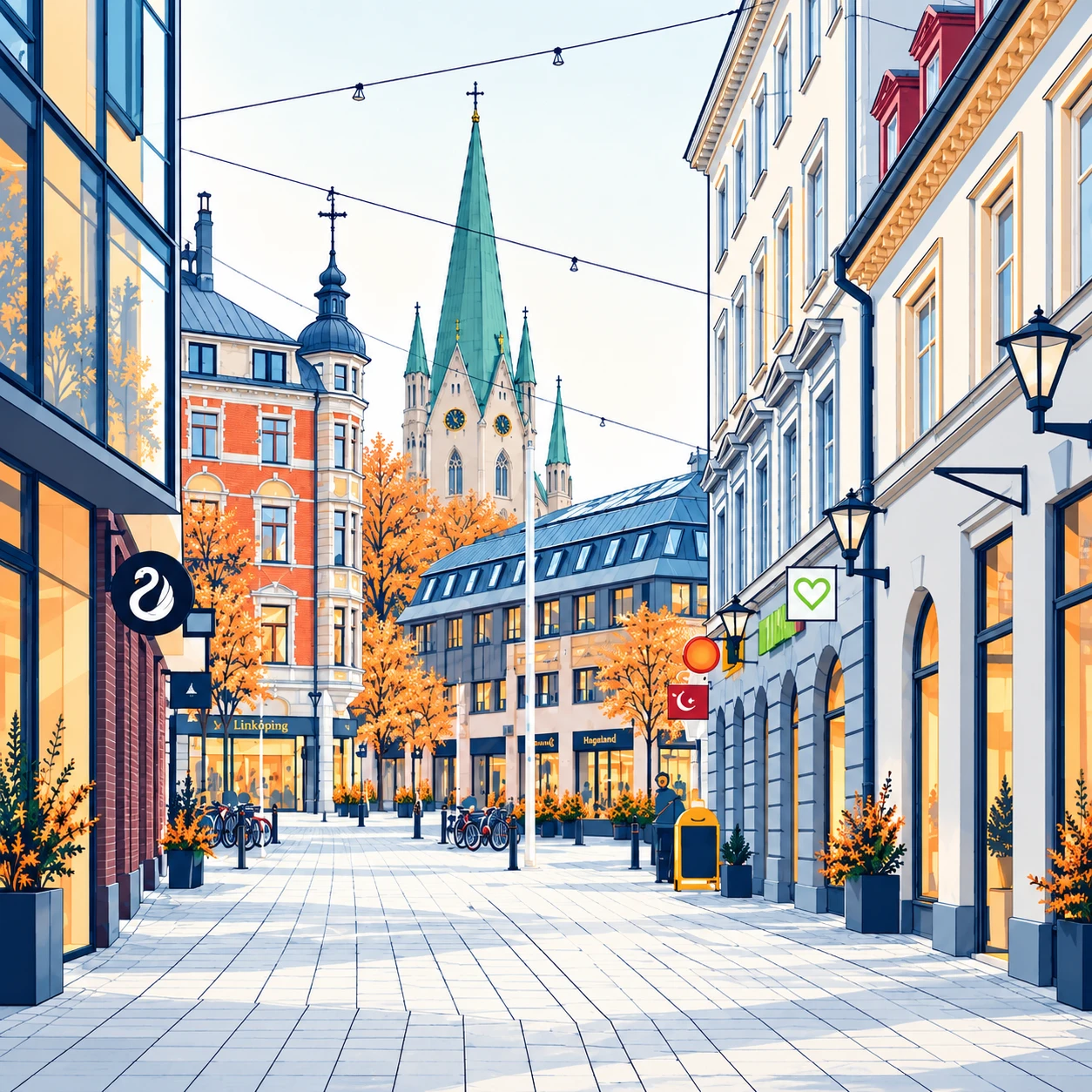 Illustrated street in Linköping in autumn, with the cathedral spire in the distance and a Swanloop sign on a shopfront.